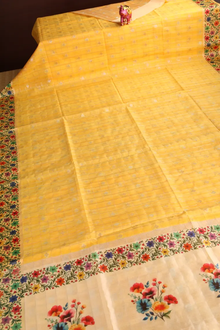 Lemon Yellow Raw Silk Sarees with Gold And Silver Zari Checks And Puttas view 2