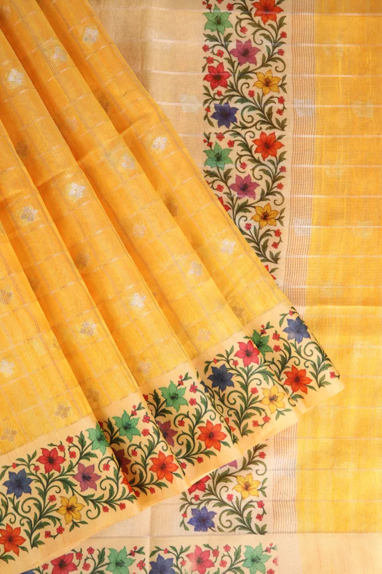 Lemon Yellow Raw Silk Sarees with Gold And Silver Zari Checks And Puttas