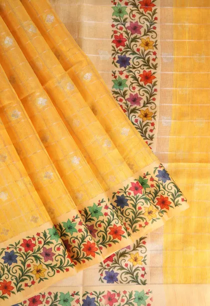 Lemon Yellow Raw Silk Sarees with Gold And Silver Zari Checks And Puttas