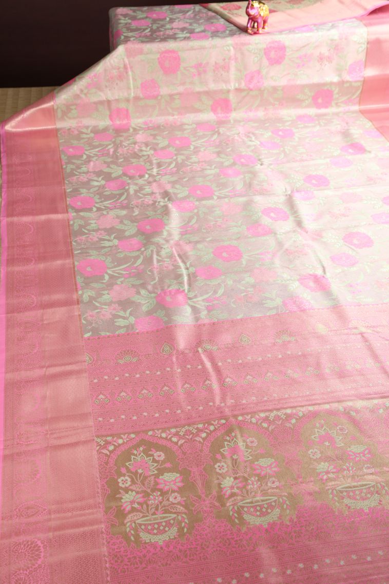 Pistachio Green Apoorva Silk Sarees with Copper Zari Floral Patterns view 2