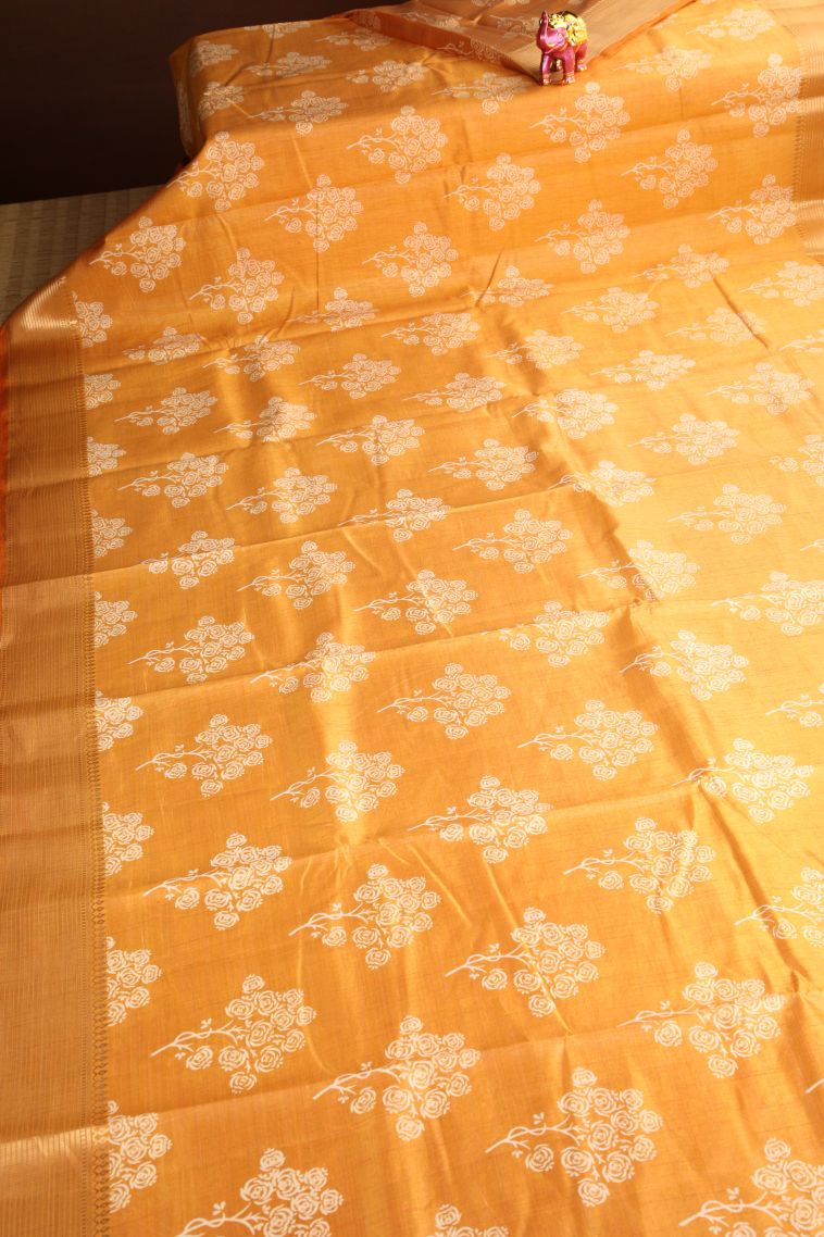 Apricot Orange Semi Raw Silk Printed Gold Zari with Floral Patterns view 2