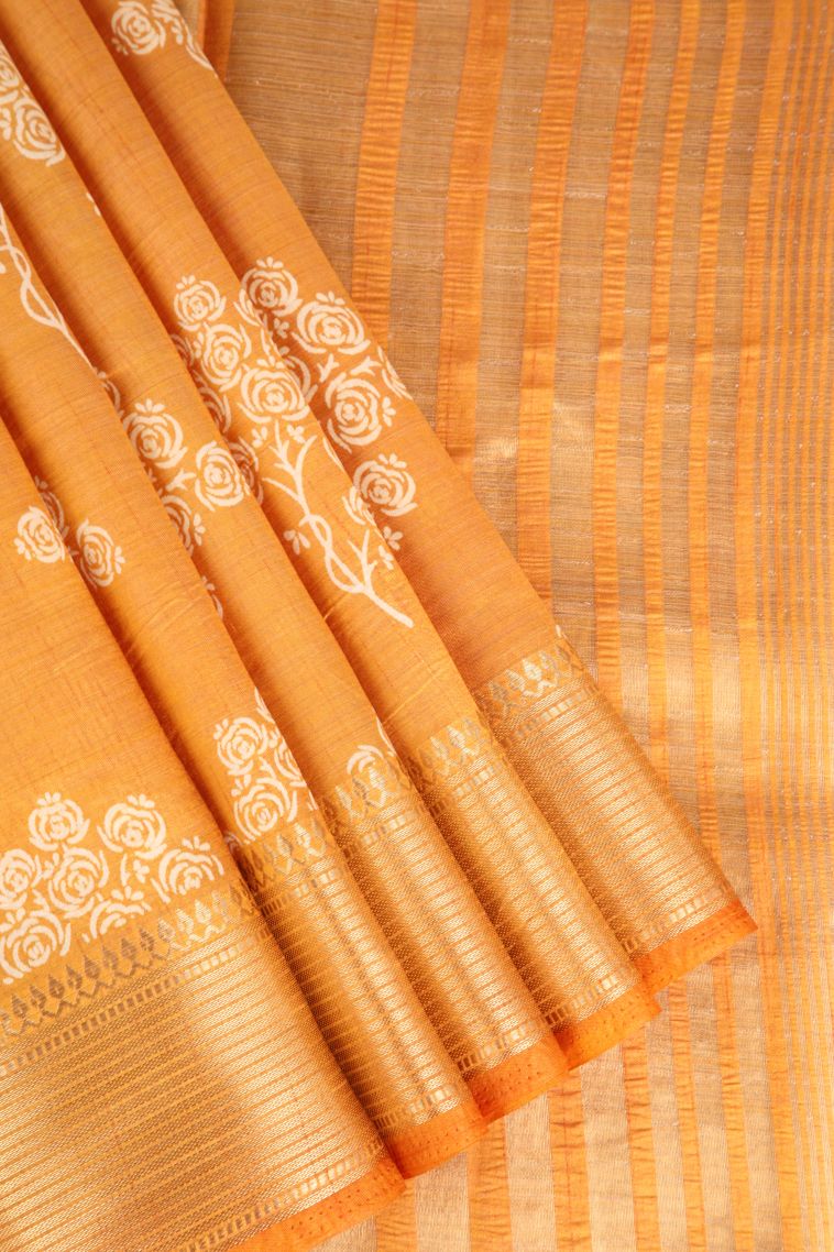 Apricot Orange Semi Raw Silk Printed Gold Zari with Floral Patterns view 1