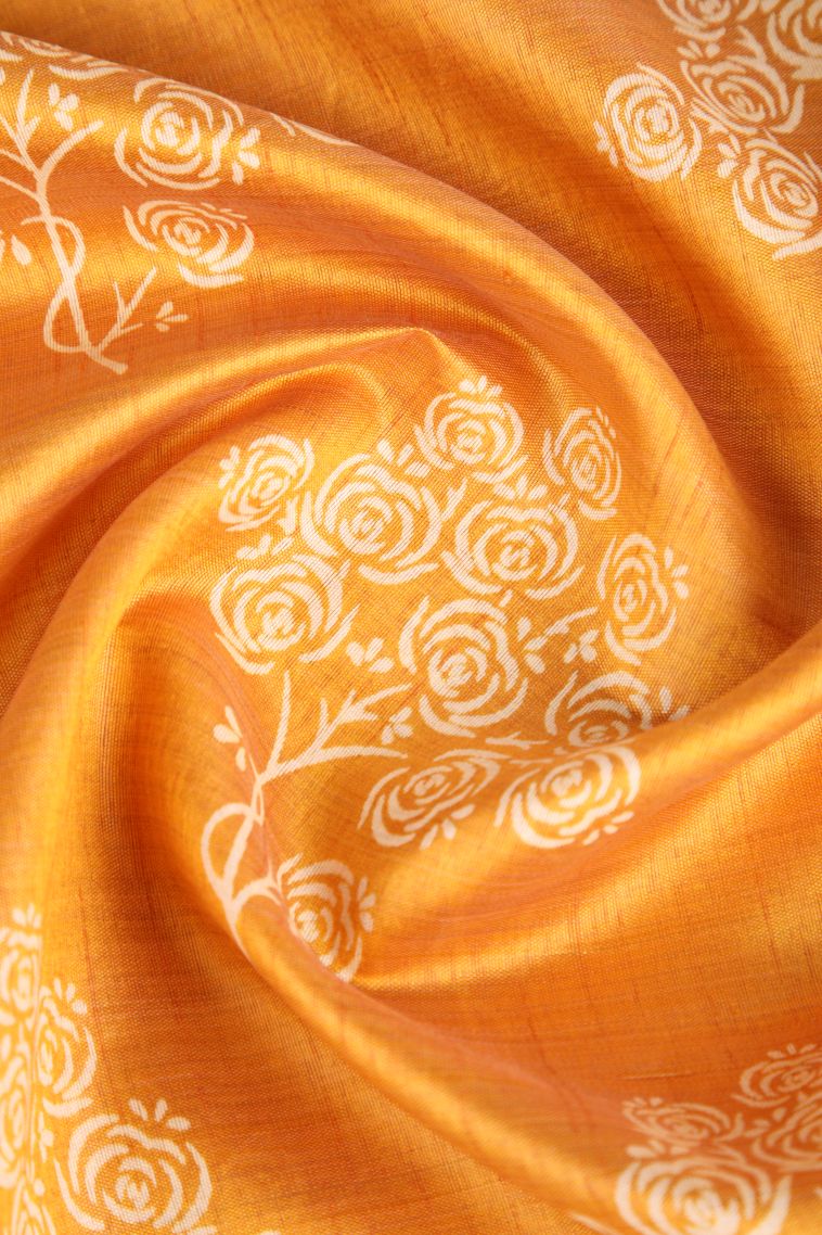 Apricot Orange Semi Raw Silk Printed Gold Zari with Floral Patterns view 4
