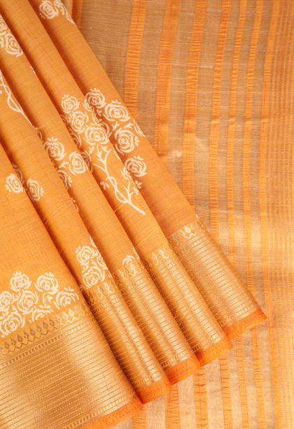 Apricot Orange Semi Raw Silk Printed Gold Zari with Floral Patterns