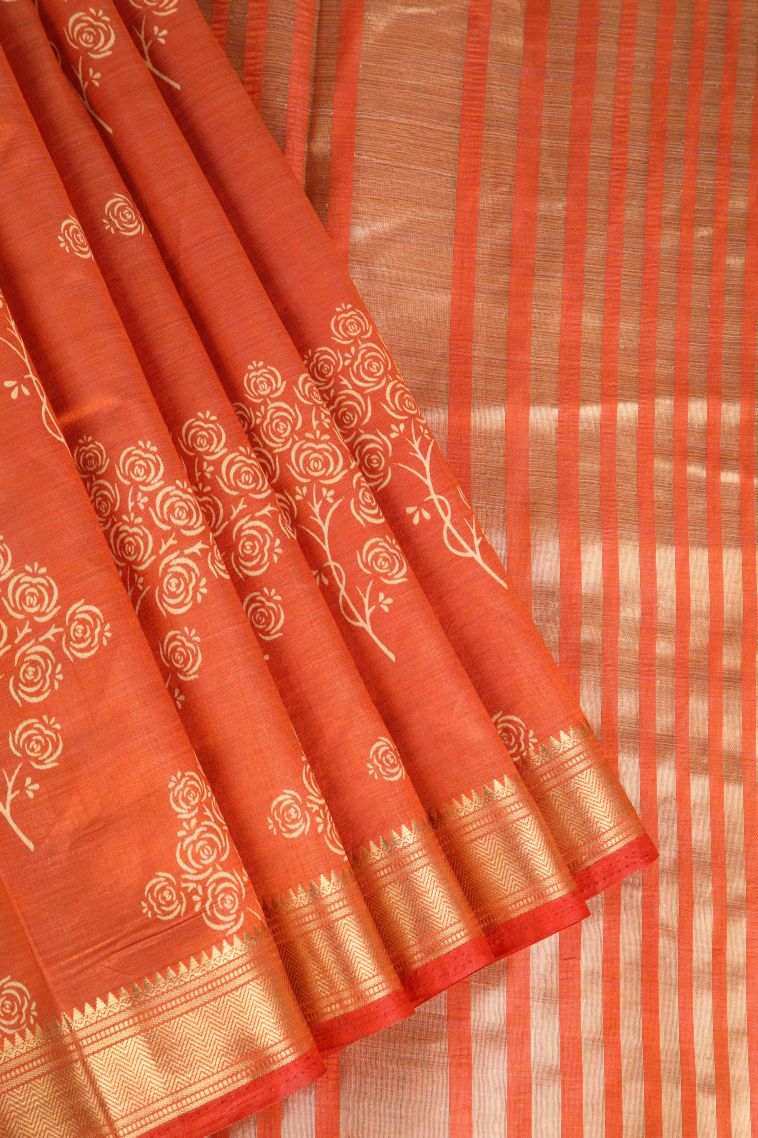 Carrot Orange Semi Raw Silk Printed Gold Zari with Floral Patterns