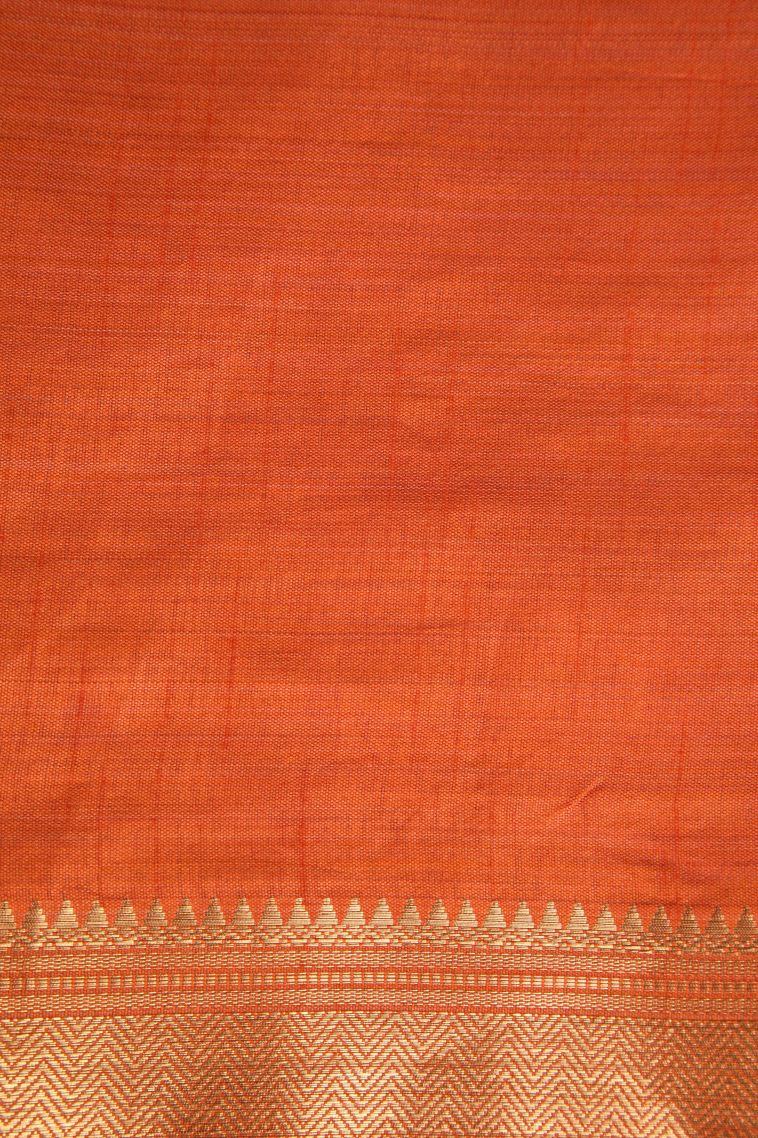 Carrot Orange Semi Raw Silk Printed Gold Zari with Floral Patterns view 3