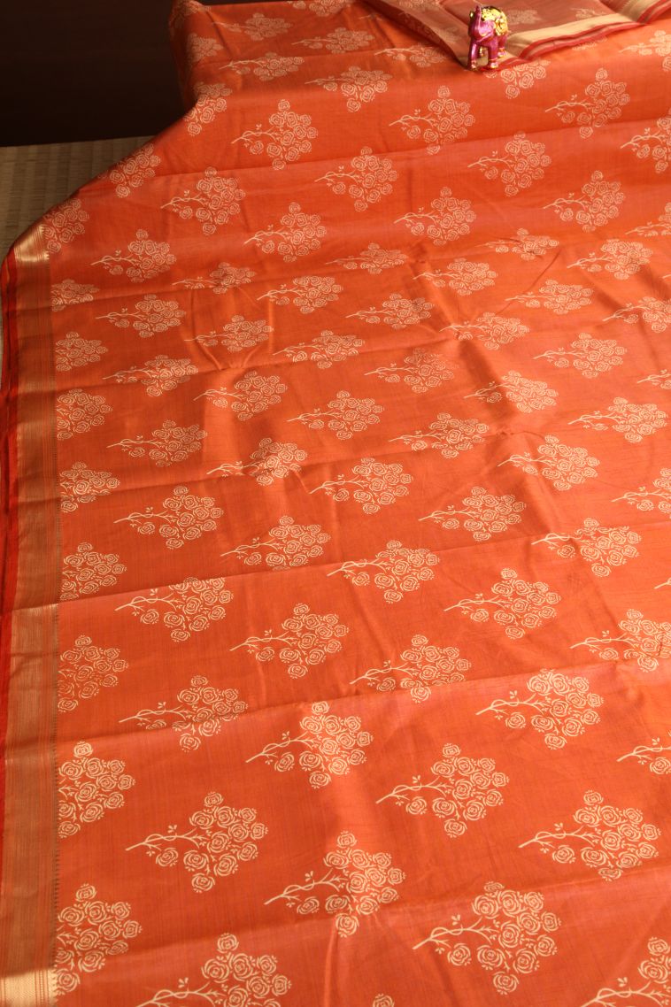 Carrot Orange Semi Raw Silk Printed Gold Zari with Floral Patterns view 2