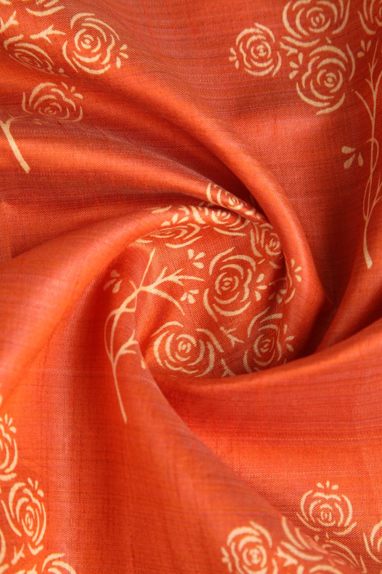Carrot Orange Semi Raw Silk Printed Gold Zari with Floral Patterns view 4