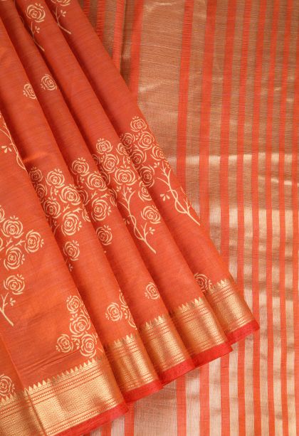 Carrot Orange Semi Raw Silk Printed Gold Zari with Floral Patterns