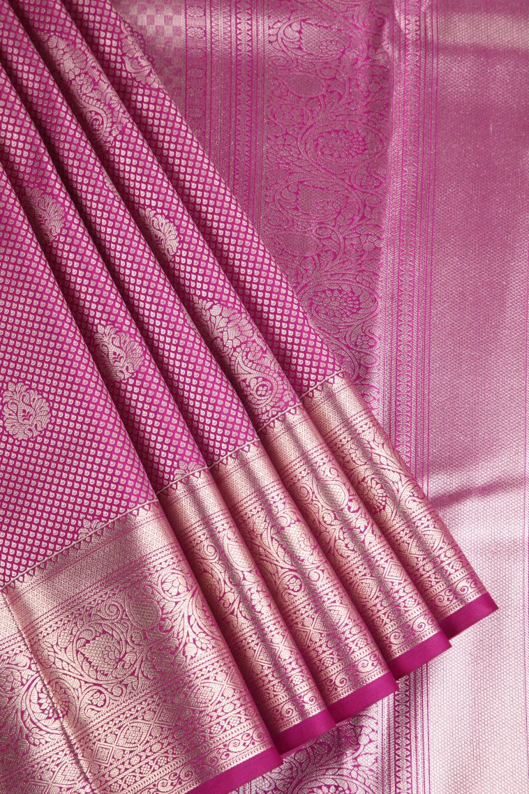 Fuscia Pink Apoorva Silk Sarees Copper Zari with Floral Puttas