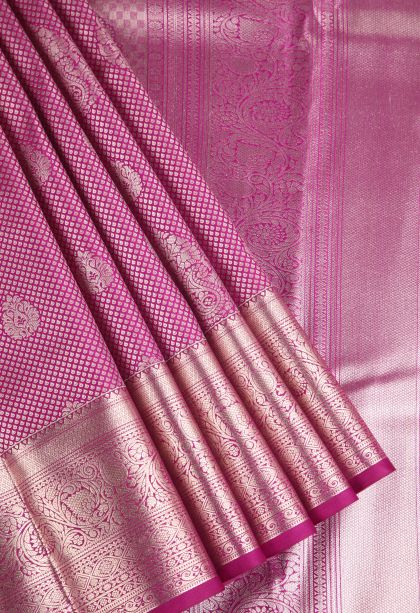 Fuscia Pink Apoorva Silk Sarees Copper Zari with Floral Puttas