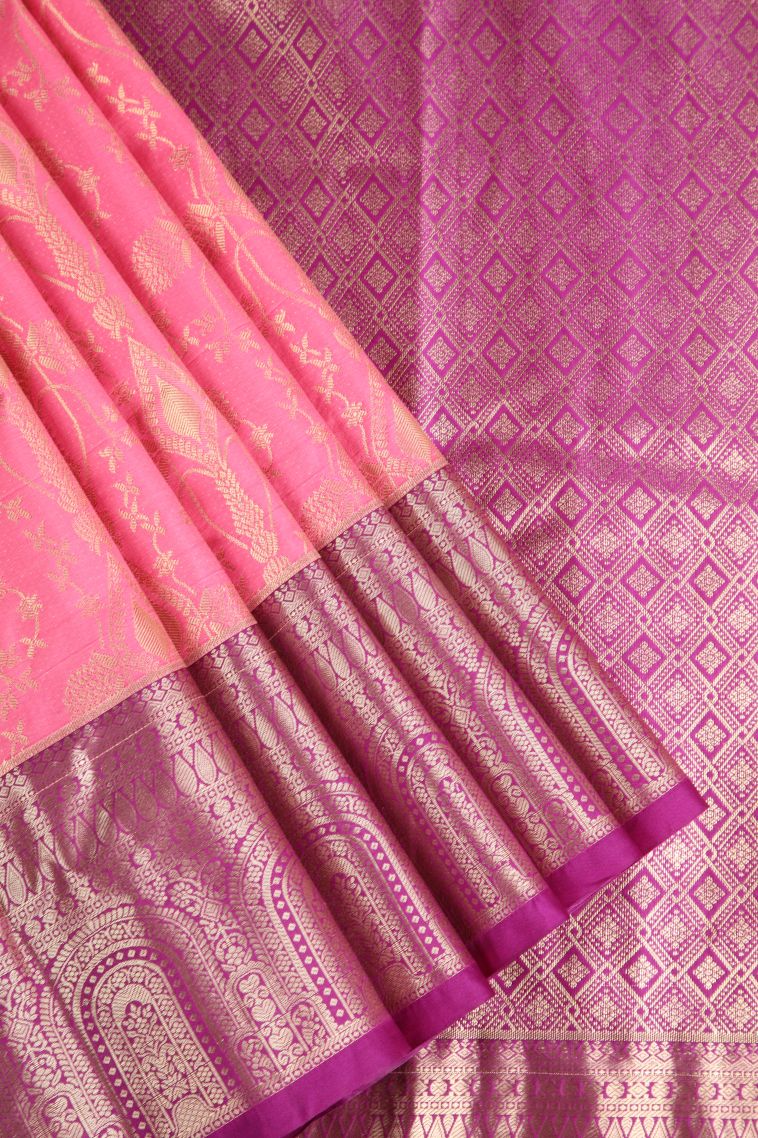 Rose Pink Apoorva Silk Sarees with Copper Zari Floral Patterns