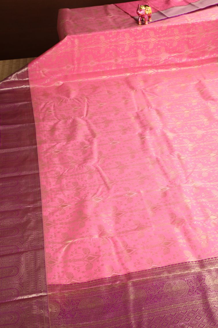 Rose Pink Apoorva Silk Sarees with Copper Zari Floral Patterns view 2