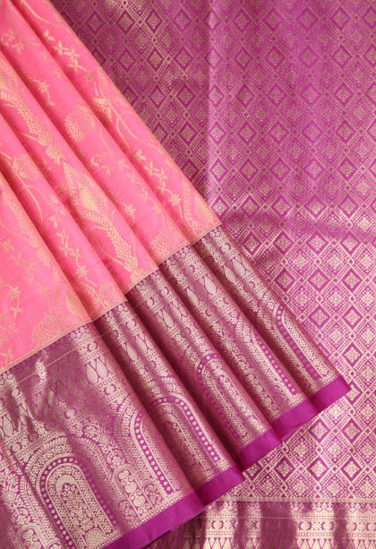 Rose Pink Apoorva Silk Sarees with Copper Zari Floral Patterns