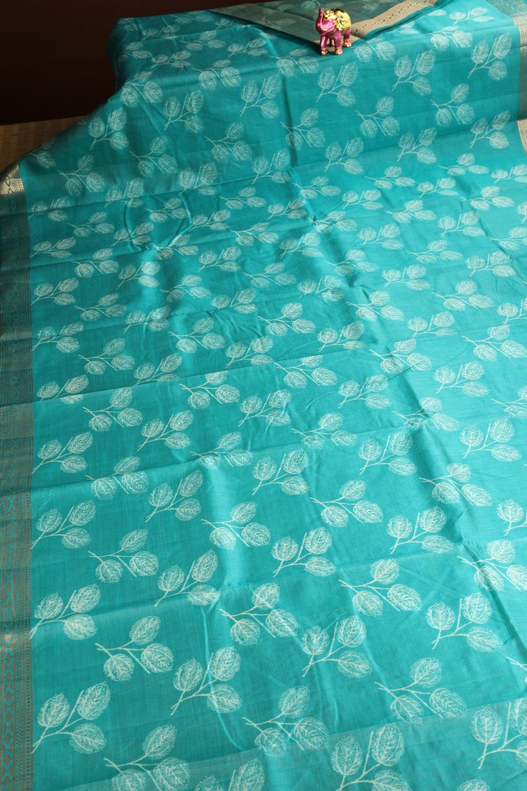 Teal Blue Semi Raw Silk Printed Gold Zari with Leaf Pattern view 2