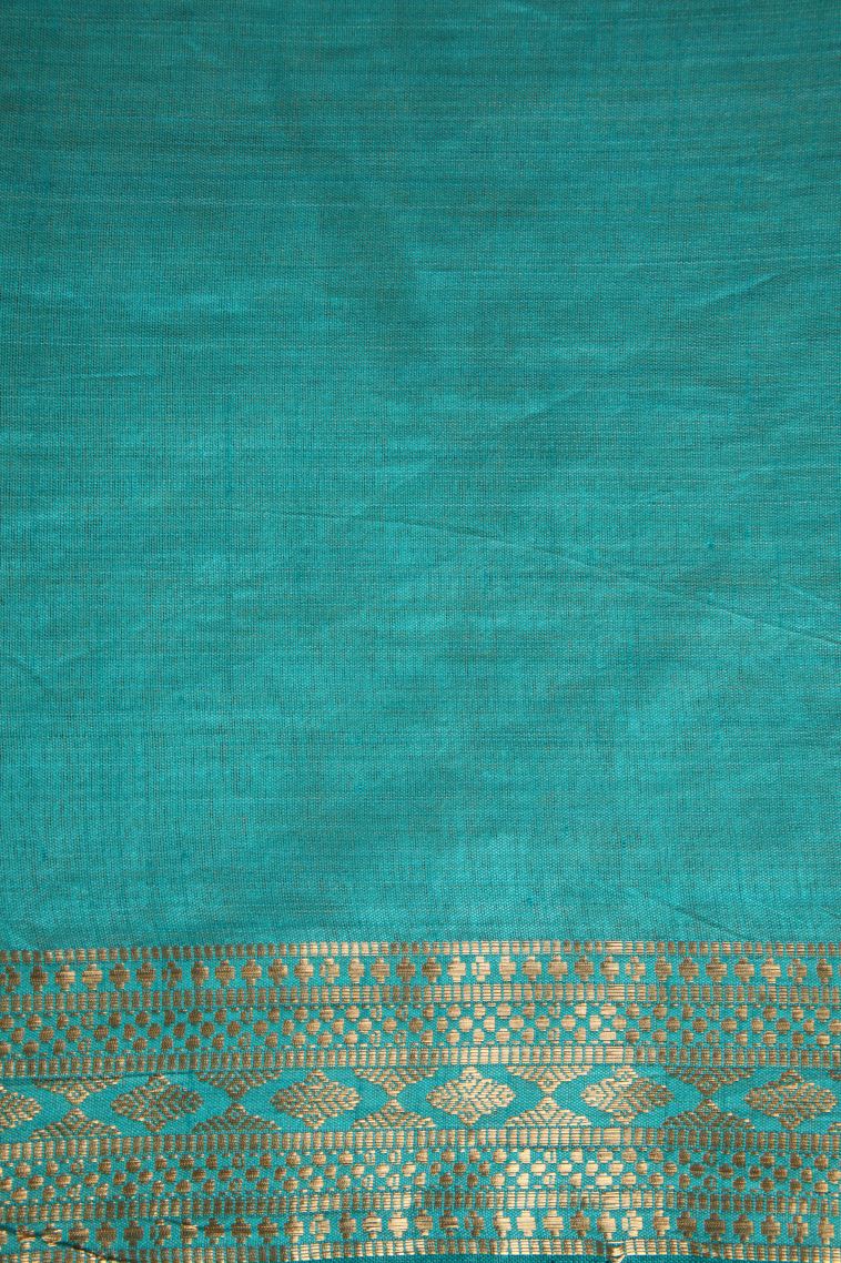 Teal Blue Semi Raw Silk Printed Gold Zari with Leaf Pattern view 3