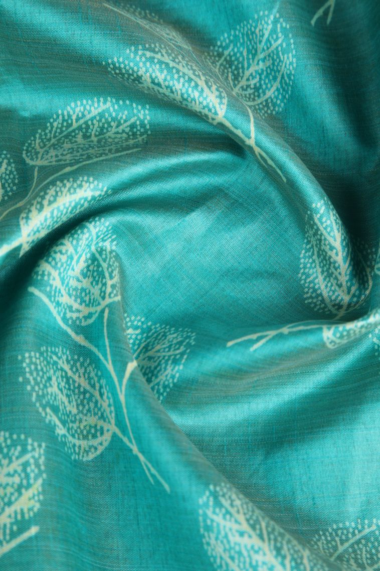 Teal Blue Semi Raw Silk Printed Gold Zari with Leaf Pattern view 4