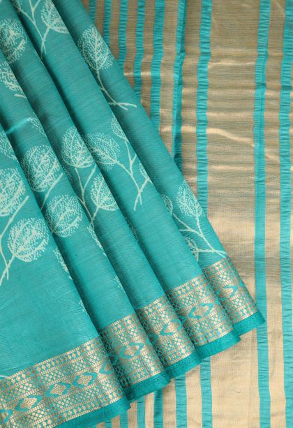 Teal Blue Semi Raw Silk Printed Gold Zari with Leaf Pattern