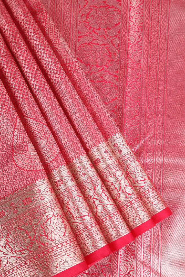 Rose Red Apoorva Silk Sarees Silver Zari with Leaf Puttas