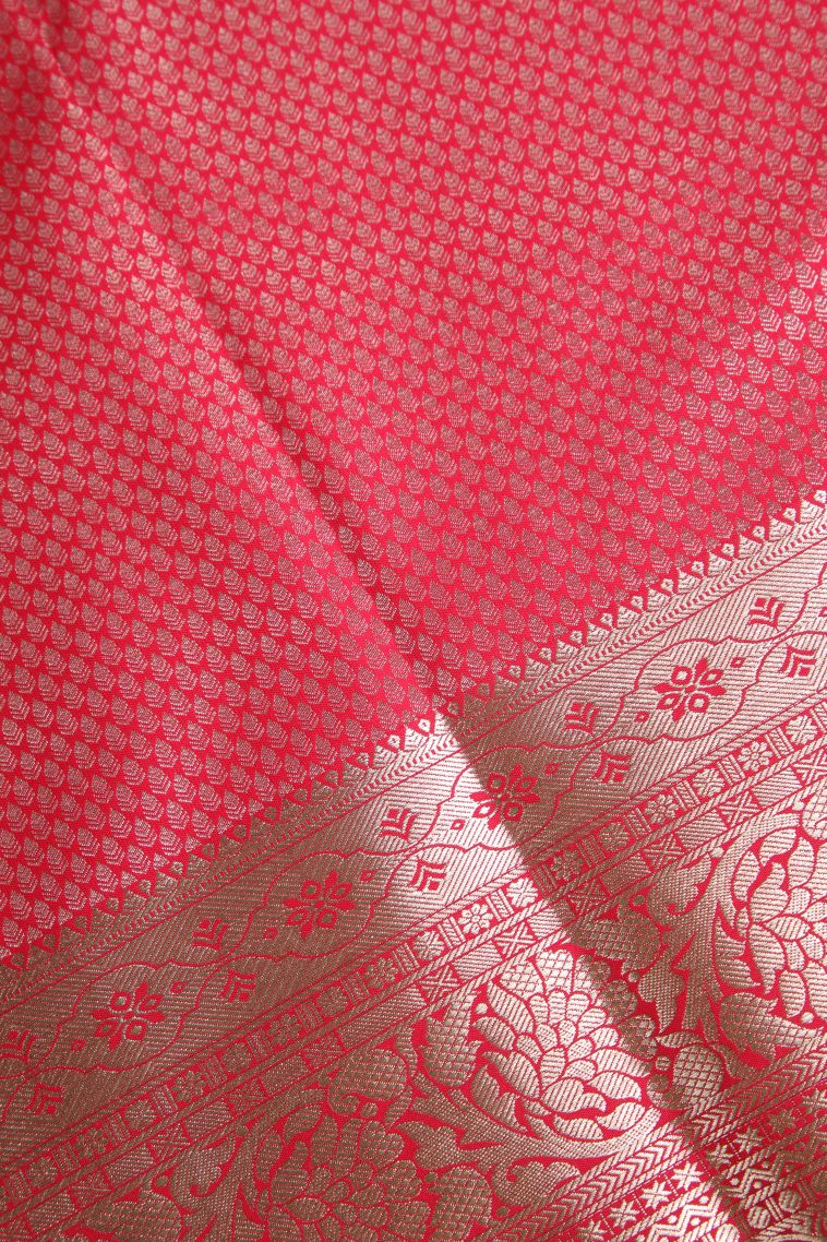 Rose Red Apoorva Silk Sarees Silver Zari with Leaf Puttas view 3