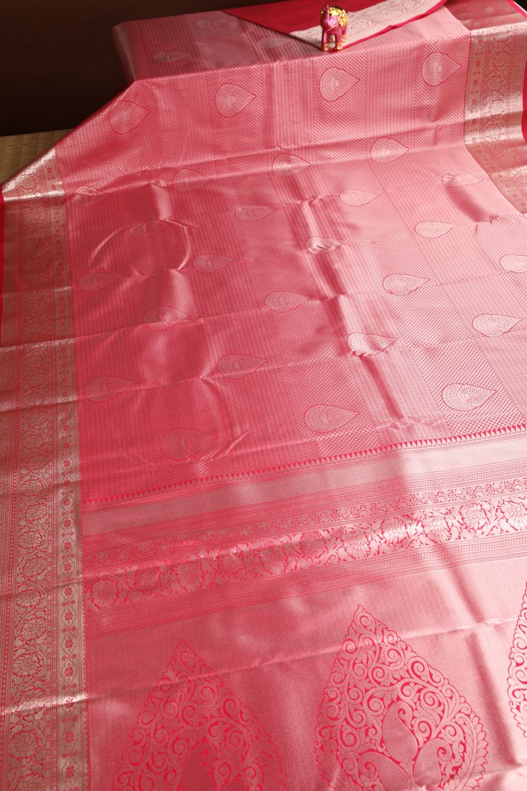 Rose Red Apoorva Silk Sarees Silver Zari with Leaf Puttas view 2