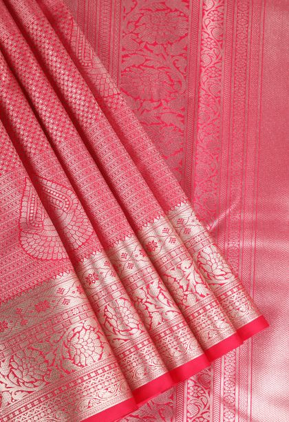 Rose Red Apoorva Silk Sarees Silver Zari with Leaf Puttas