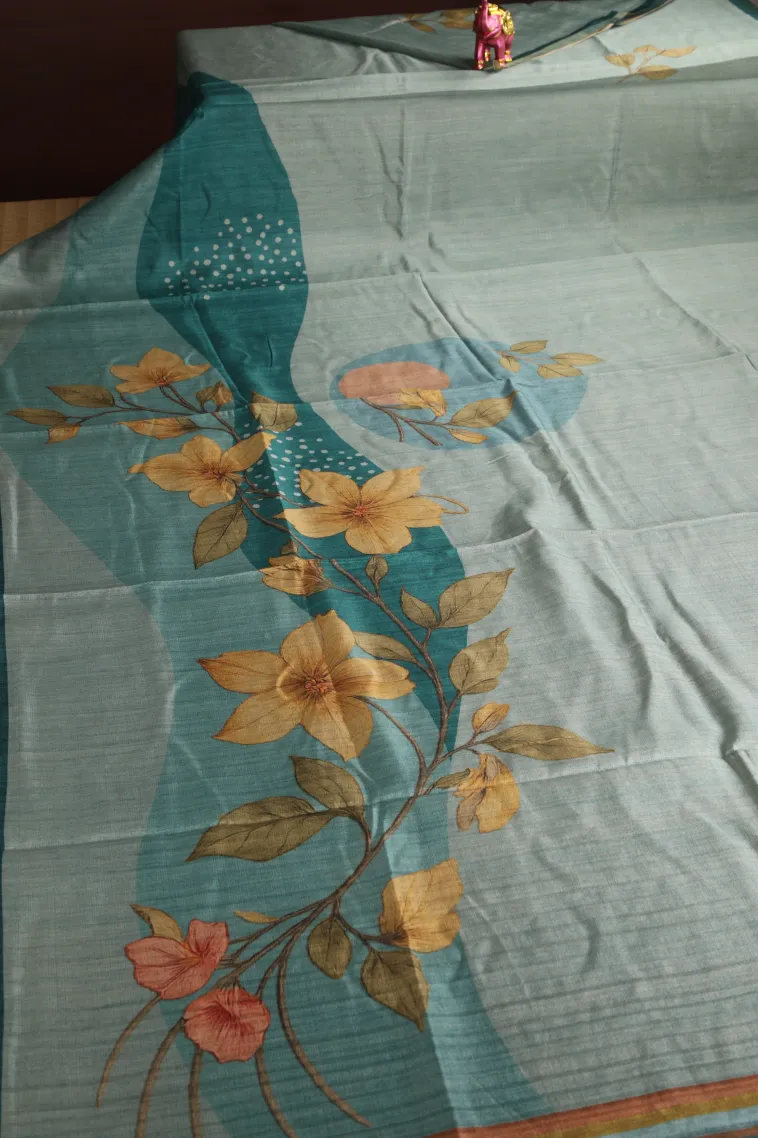 Teal Blue Raw Silk Sarees Without Zari With Floral Patterns view 2