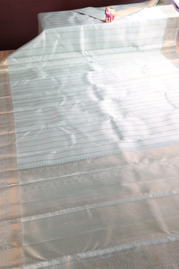 Sky Blue Kanchipuram Silk Sarees with Gold Zari Stripes view 2