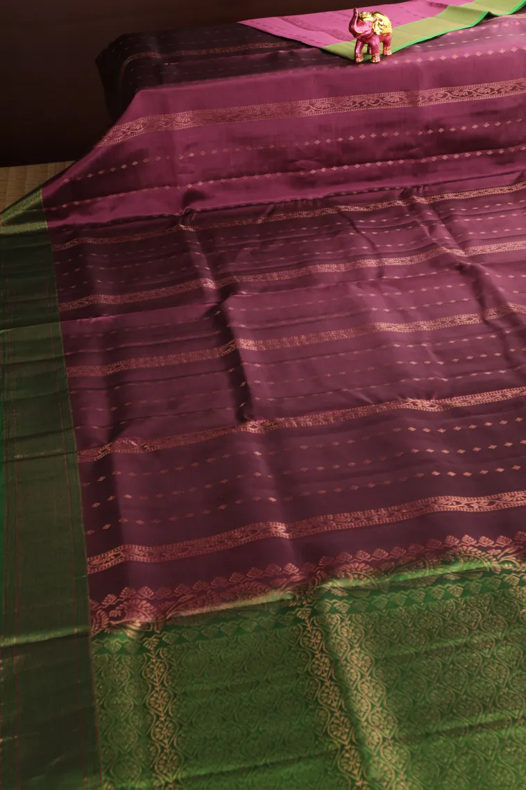 Magenta Purple Soft Silk Saree with Copper Zari Stripes view 2