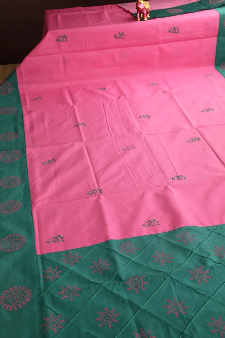 Taffy Pink Poly Cotton Sarees Without Zari With Floral Puttas view 2