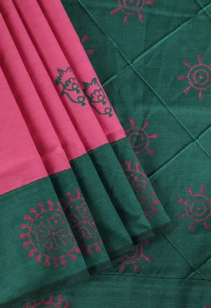 Taffy Pink Poly Cotton Sarees Without Zari With Floral Puttas