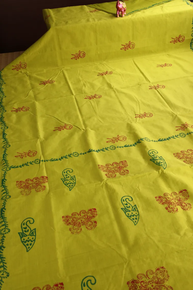 Lemon Yellow Poly Cotton Sarees Without Zari With Floral Puttas view 2