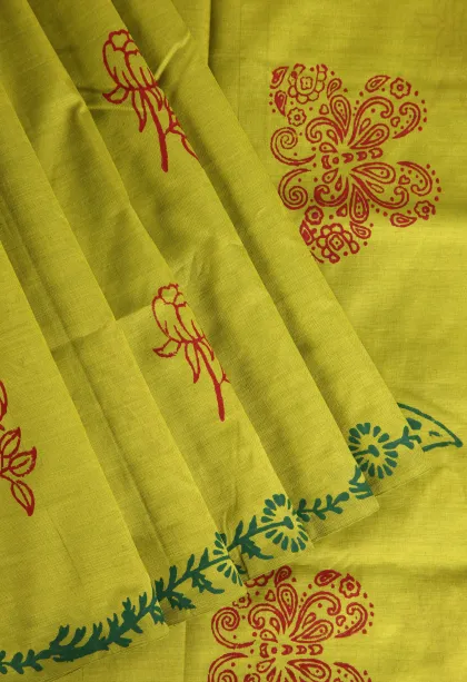 Lemon Yellow Poly Cotton Sarees Without Zari With Floral Puttas
