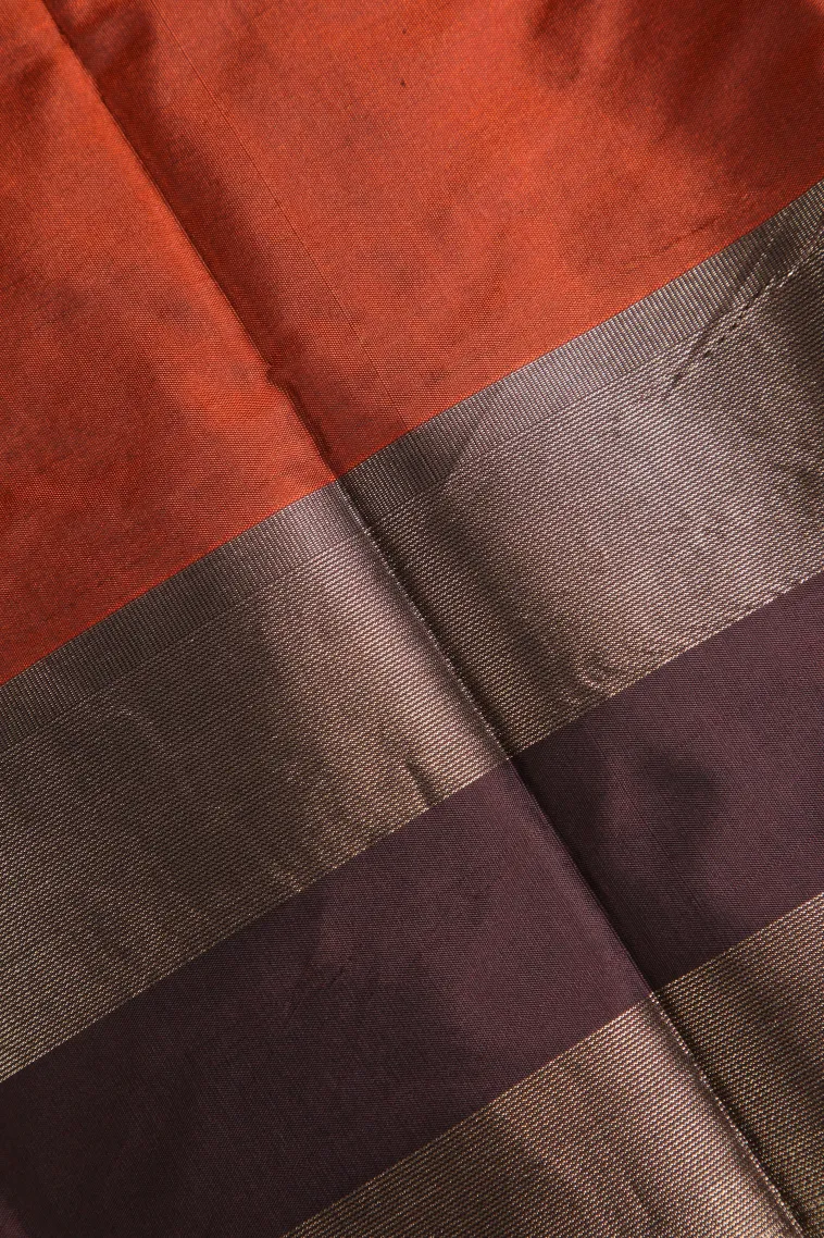 Fire Orange Arani Silk Sarees with Gold Zari Plain view 3