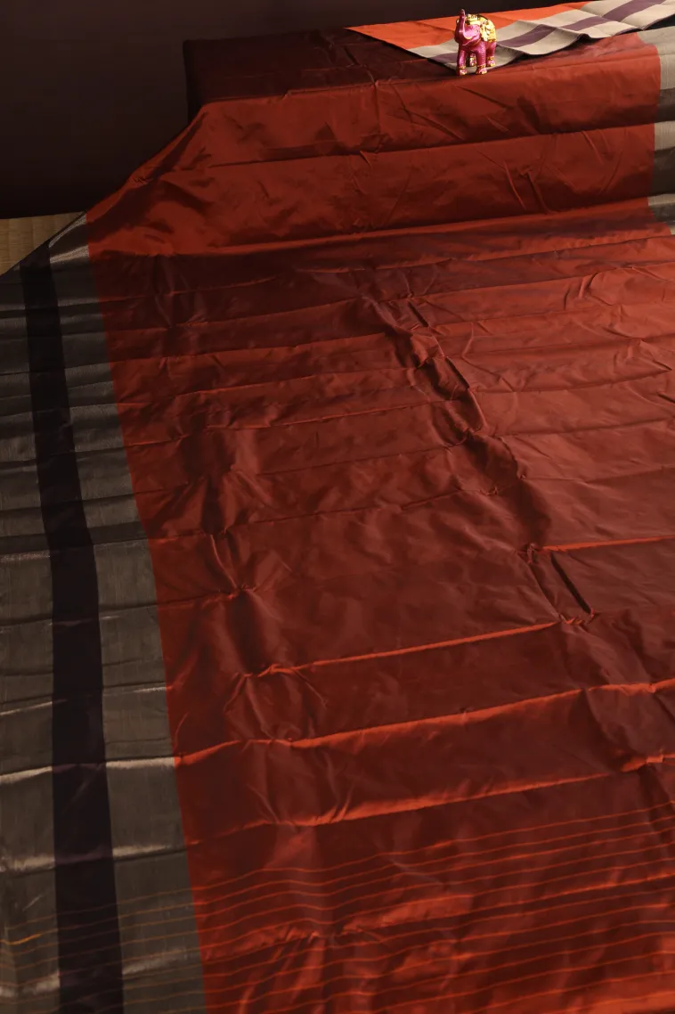 Fire Orange Arani Silk Sarees with Gold Zari Plain view 2