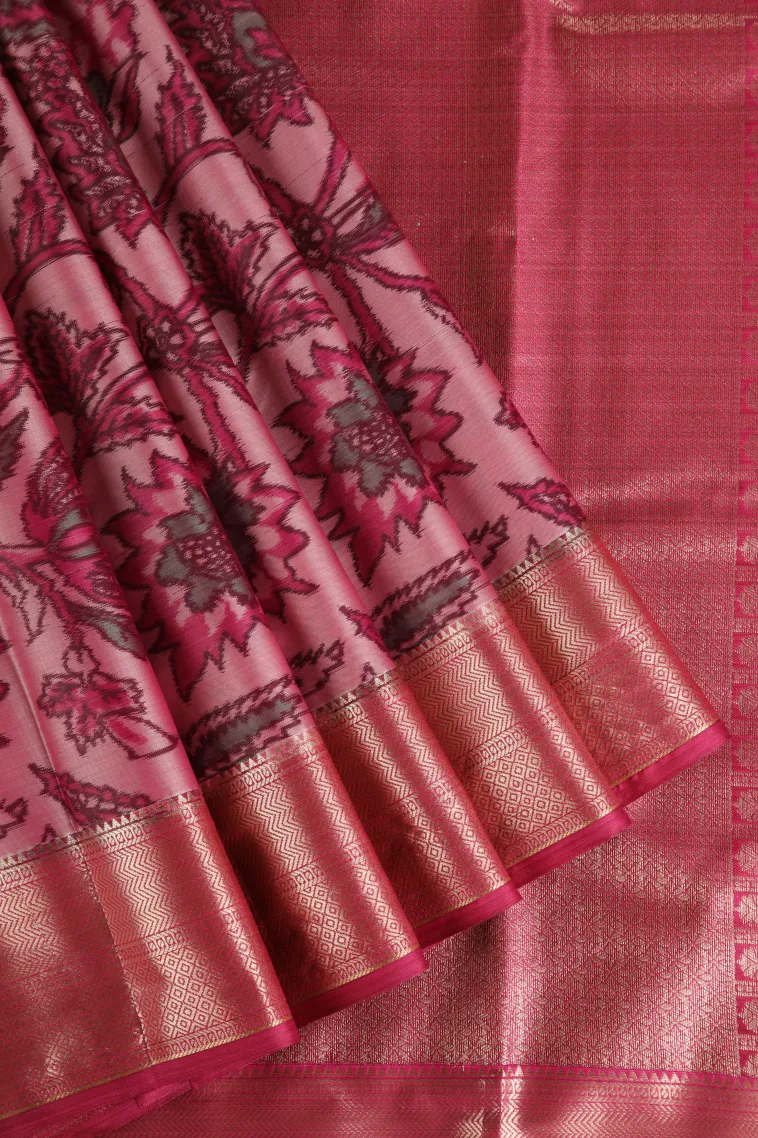 Rose Pink Soft Silk Sarees with Bronze Zari Floral Patterns