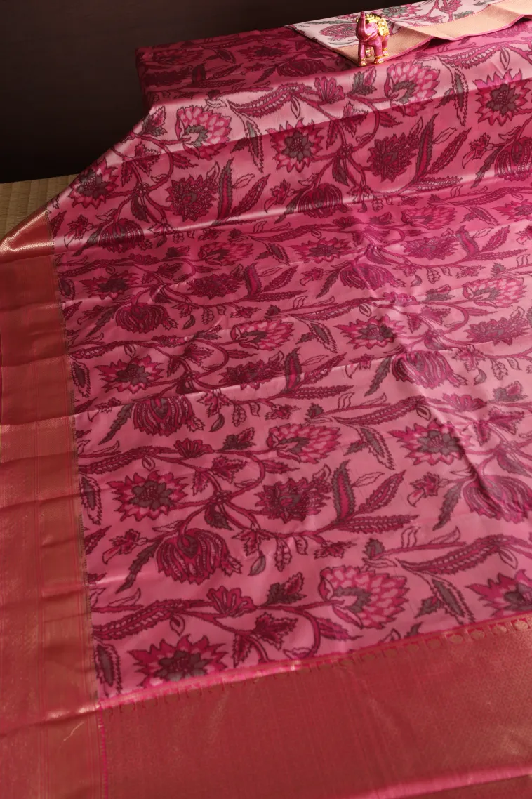 Rose Pink Soft Silk Sarees with Bronze Zari Floral Patterns view 2