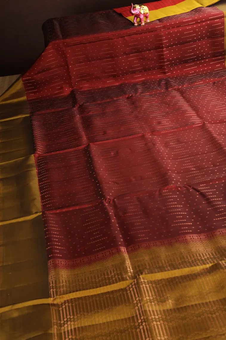 Berry Red Soft Silk Saree with Copper Zari Straipes And Puttas view 2