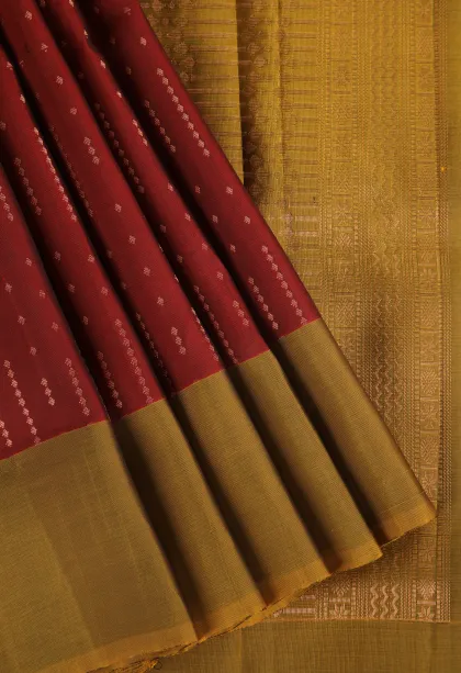 Berry Red Soft Silk Saree with Copper Zari Straipes And Puttas