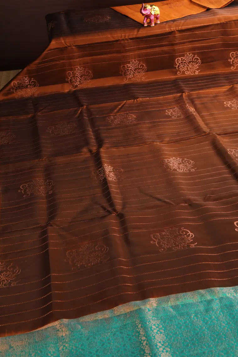 Caramel Brown Soft Silk Saree with Copper Zari Straipes And Puttas view 2