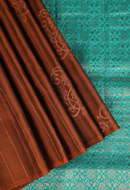 Caramel Brown Soft Silk Saree with Copper Zari Straipes And Puttas