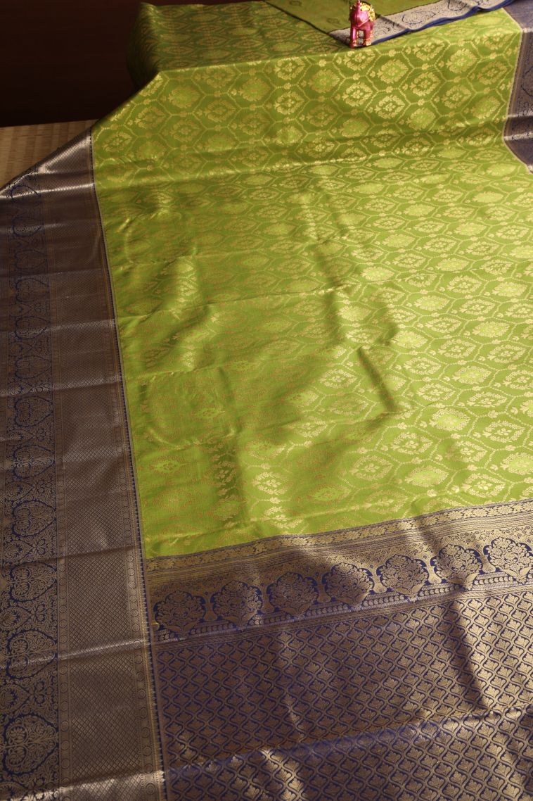 Lime Green Apoorva Silk Sarees with Copper Zari Floral Patterns view 2