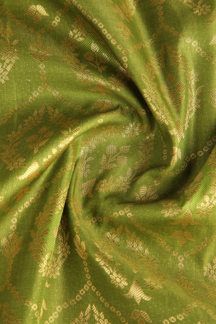 Lime Green Apoorva Silk Sarees with Copper Zari Floral Patterns view 4