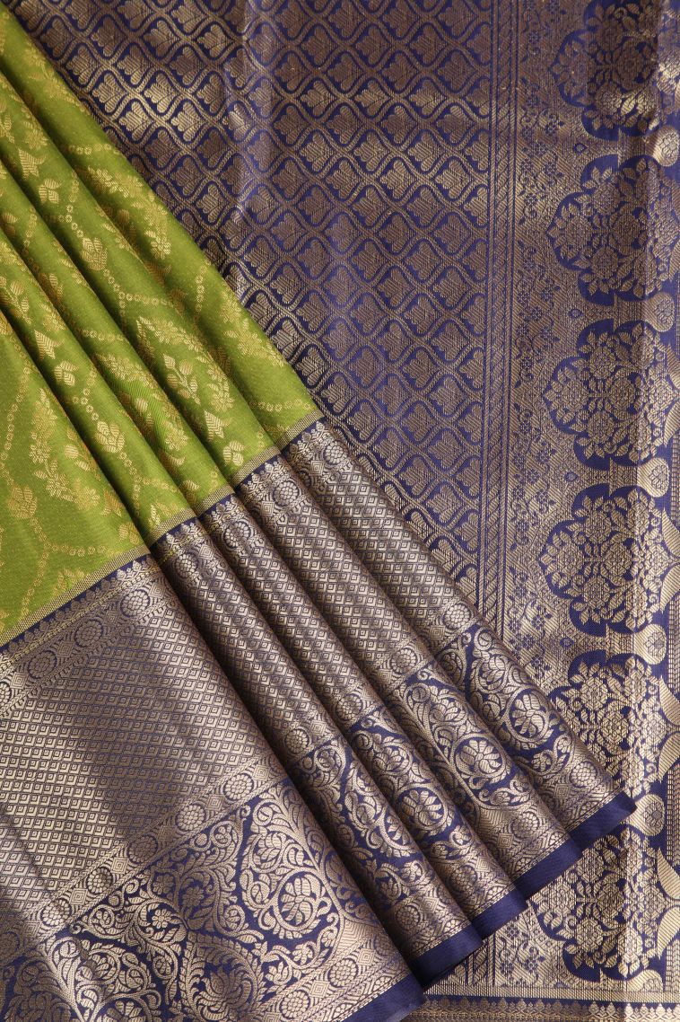Lime Green Apoorva Silk Sarees with Copper Zari Floral Patterns view 1