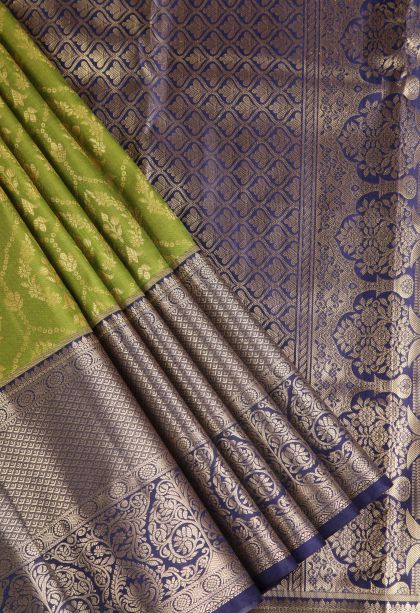 Lime Green Apoorva Silk Sarees with Copper Zari Floral Patterns