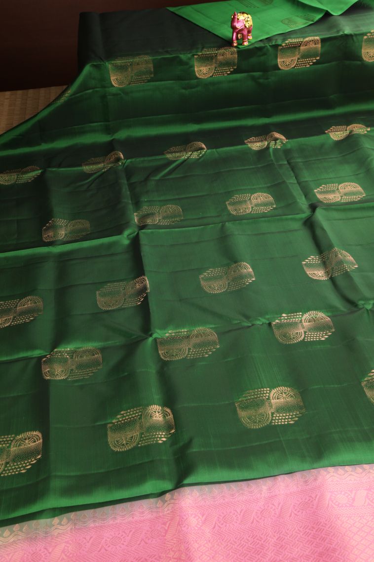 Basil Green Soft Silk Saree Copper Zari with Buttis (small Dots Or Motifs) view 2