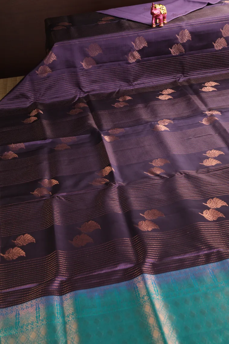 Mauve Purple Soft Silk Saree with Copper Zari Straipes And Puttas view 2