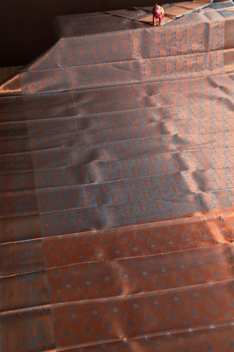 Sky Blue Visiri Madippu Silk Sarees with Copper Zari Floral Patterns view 2