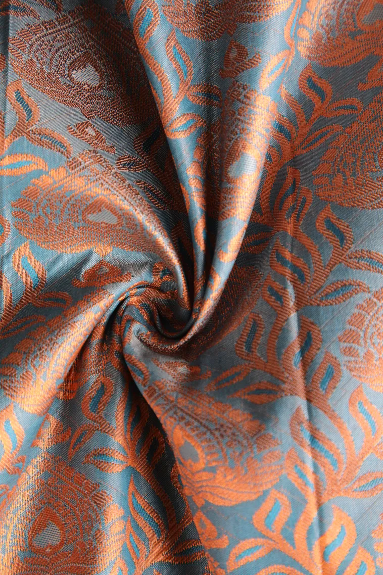 Sky Blue Visiri Madippu Silk Sarees with Copper Zari Floral Patterns view 4