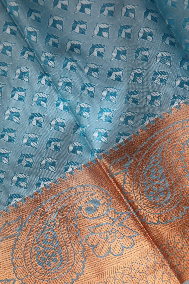 Sky Blue Visiri Madippu Silk Sarees with Copper Zari Floral Patterns view 3